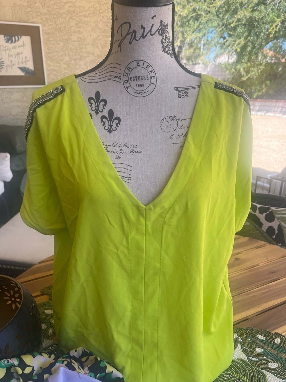 Gibson Latimer Neon Lime V-Neck Top with Shoulder Embellishment